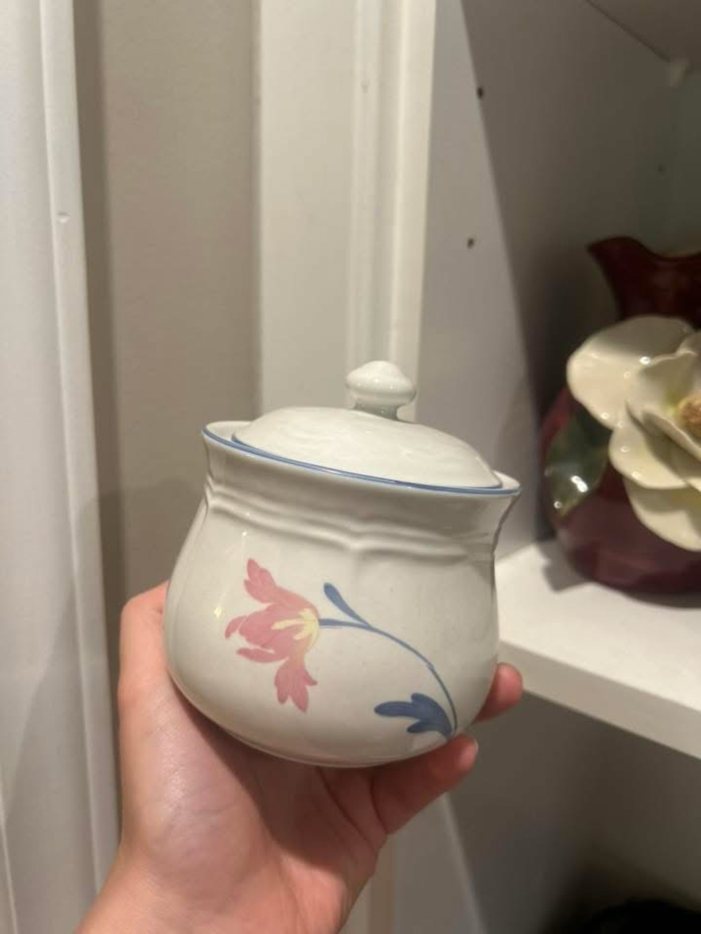 Hand-Painted Ceramic Floral Sugar Jar - Soft Pink & Blue